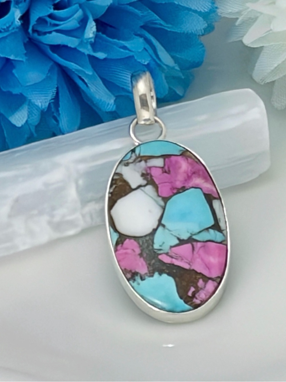 Sterling Silver 925 Cotton Candy Dahlia Turquoise Pendant Handmade Southwestern